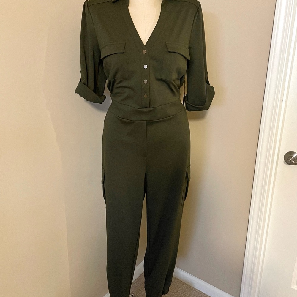 New York & Company Green Ankle Jumpsuit with V-Neck